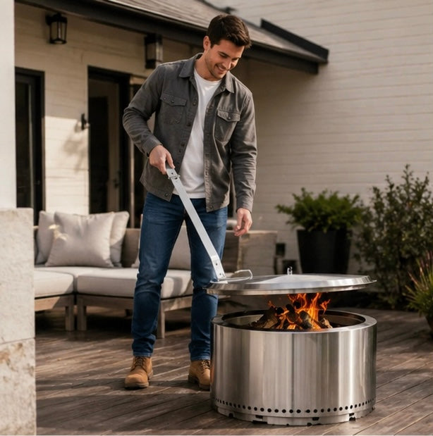 Ergonomic Fire Pit Lid Lifter Tool - Stainless Steel Hook Handle for Safe Fire Pit Cover Removal and Outdoor Cooking
