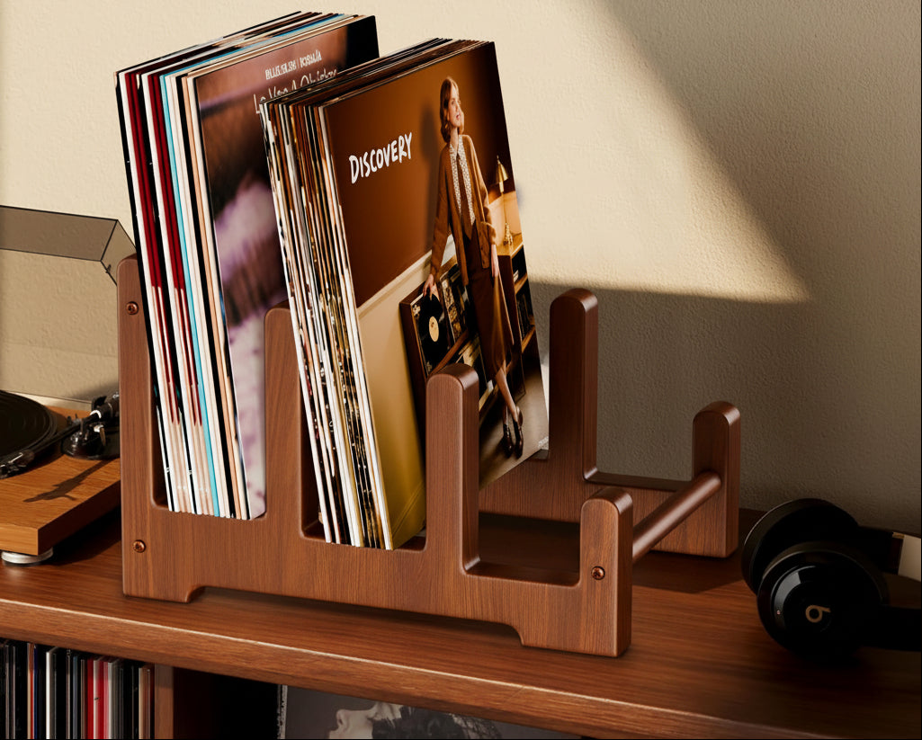 Portable Wooden Vinyl Record Holder – Large Capacity Display Stand for LP Albums, CDs, Magazines and Space-Saving Media Organization