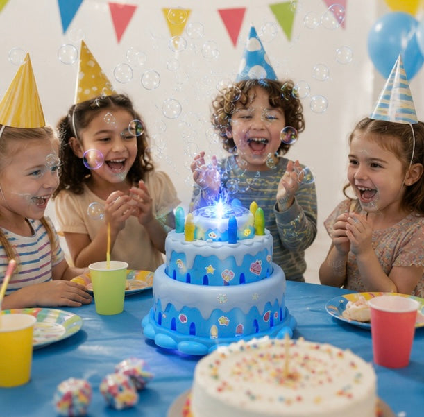 Kawaii Birthday Cake Bubble Machine - Electric Bubble Maker with Music and Lights for Kids Parties and Outdoor Play