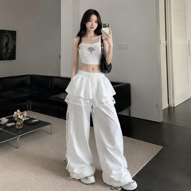 Black Cargo Pants - Lace Patchwork Wide Leg Streetwear Trousers for Women, Harajuku Fashion and Korean Gyaru Style