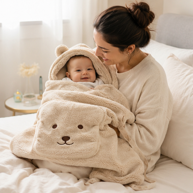 Cartoon Bear Baby Blanket – Plush Windproof Stroller Swaddle for Warm Travel Comfort and Newborn Care