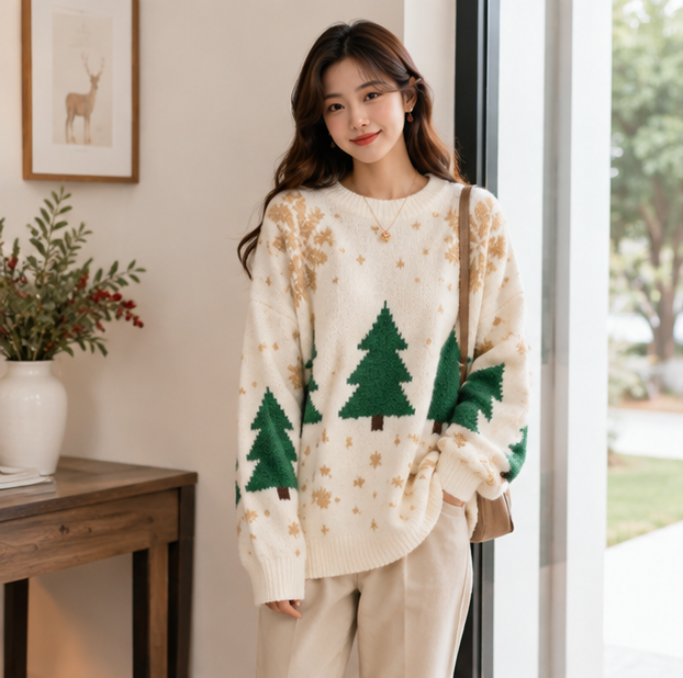 Color Block Christmas Sweater – Thick Knit Women’s Holiday Pullover with Snowflake Design, Cozy Korean Winter Fashion and Casual Comfort