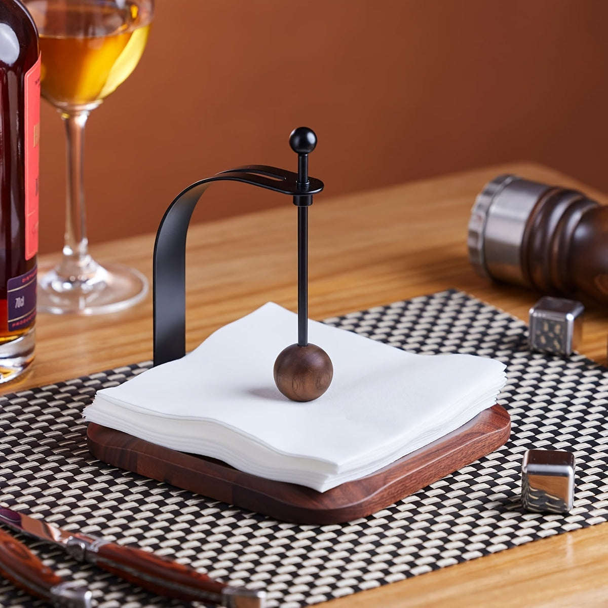 Wooden Napkin Holder – Windproof Table Tissue Organizer with Weighted Wood Ball for Dining, Kitchen and Picnic Use