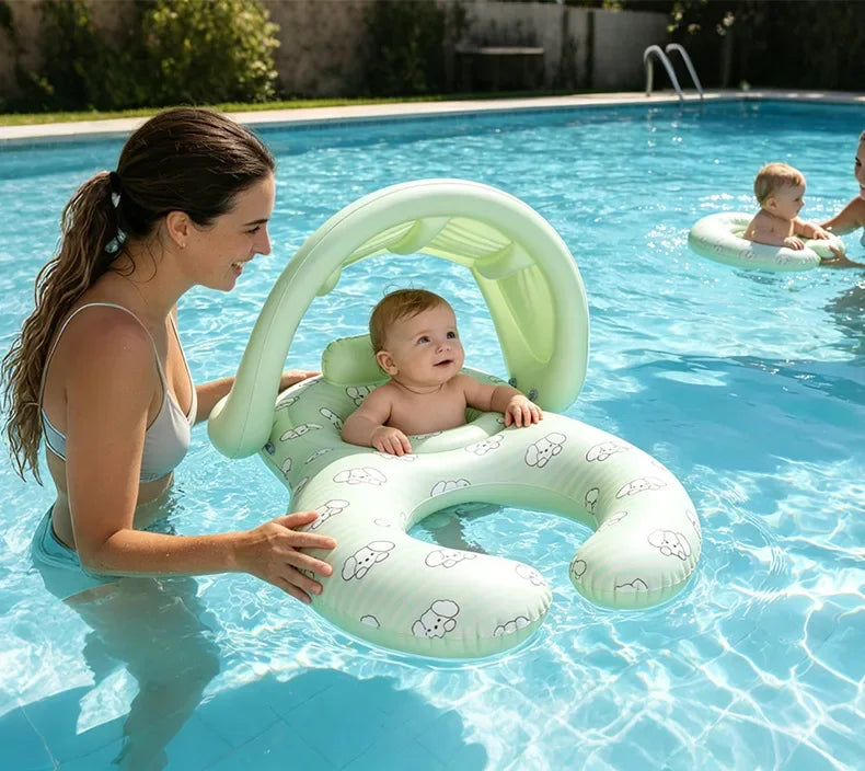 Mother and Baby Swimming Ring – Double Seat Inflatable Pool Float with Shade Canopy for Family Swimming, Baby Water Play and Summer Fun