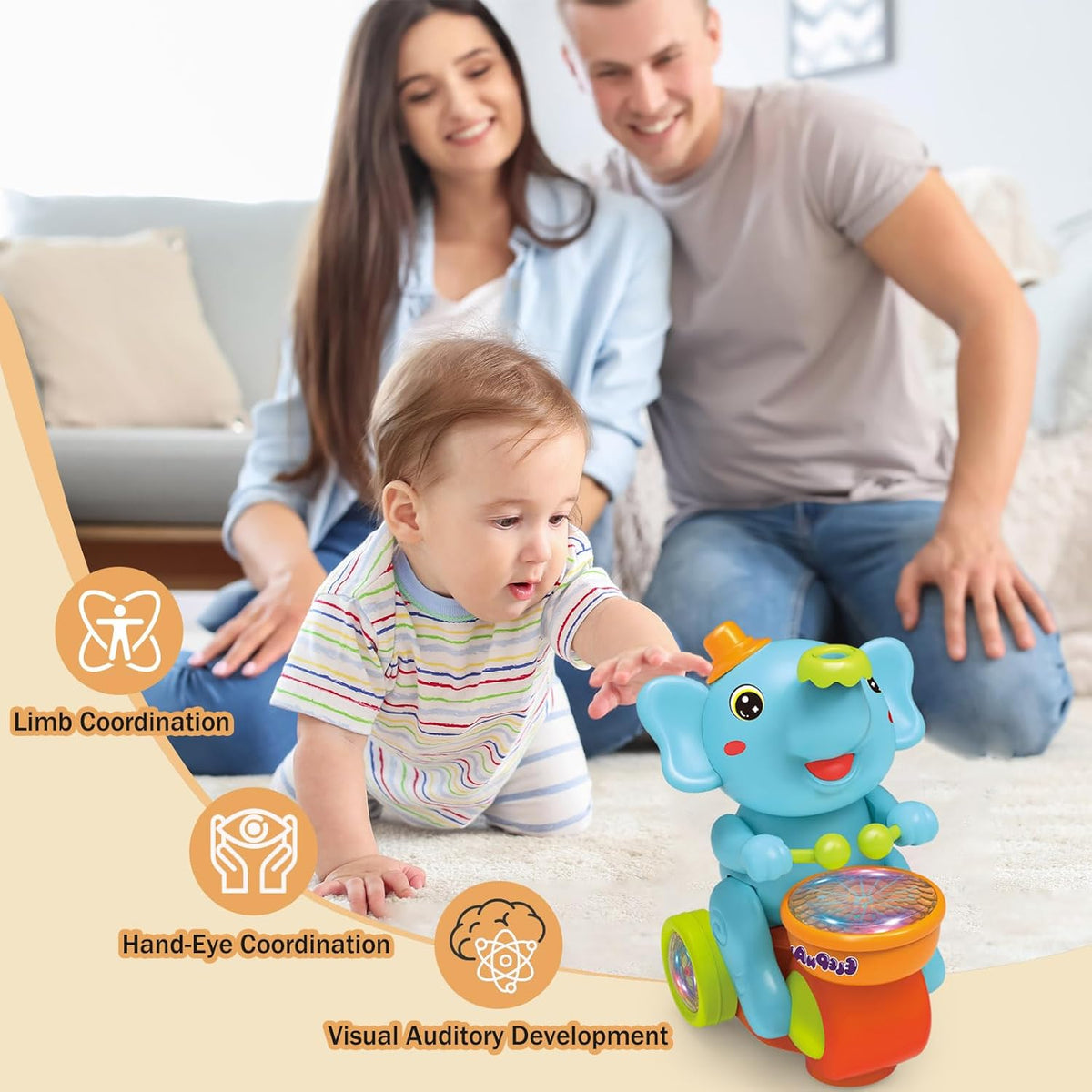 Interactive Elephant Crawling Toy – Electronic Drummer with Floating Ball, LED Lights, Music and Sounds for Baby Sensory Development