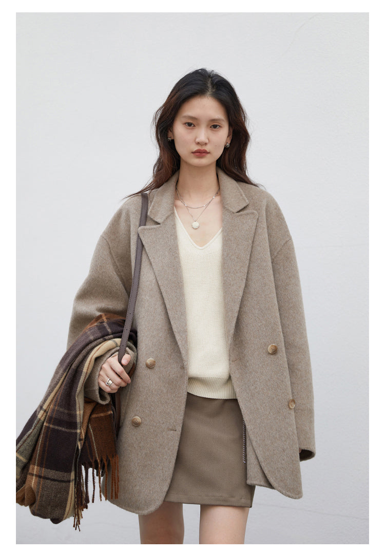 Women’s Woolen Coat – Loose Double Breasted Retro Jacket with Double-Sided Design for Elegant Office Style, Autumn Winter Fashion and Daily Wear