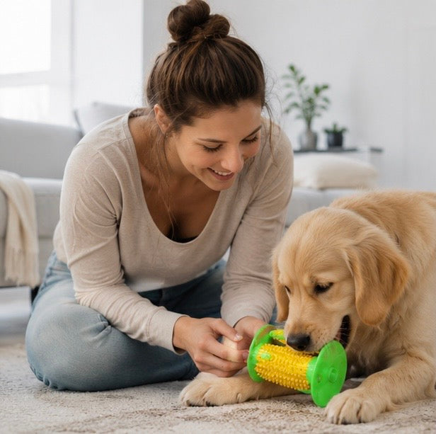 Dog Chew Stick Teething Toy - Squeaky Bite Resistant Pet Toy for Aggressive Chewers, Dental Cleaning and Interactive Fun