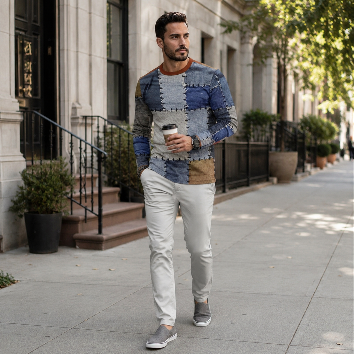 Men's Patchwork Denim Shirt - Vintage Inspired Long Sleeve Button Top with Stylish Grid Print Design