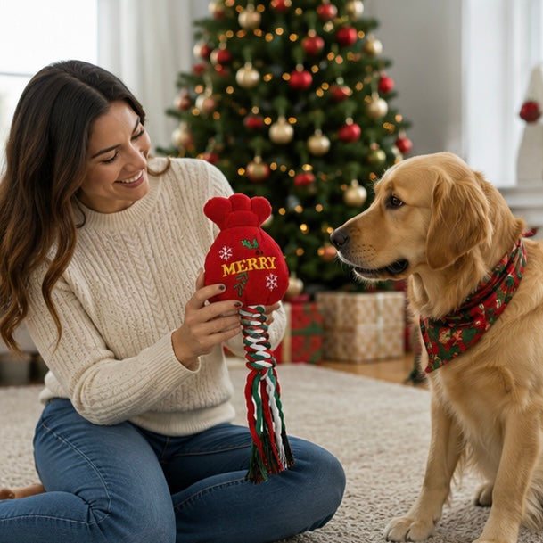 Christmas Dog Rope Toy – Snowman and Tree Squeaky Cotton Chew Toy for Puppies Dental Cleaning and Holiday Fun