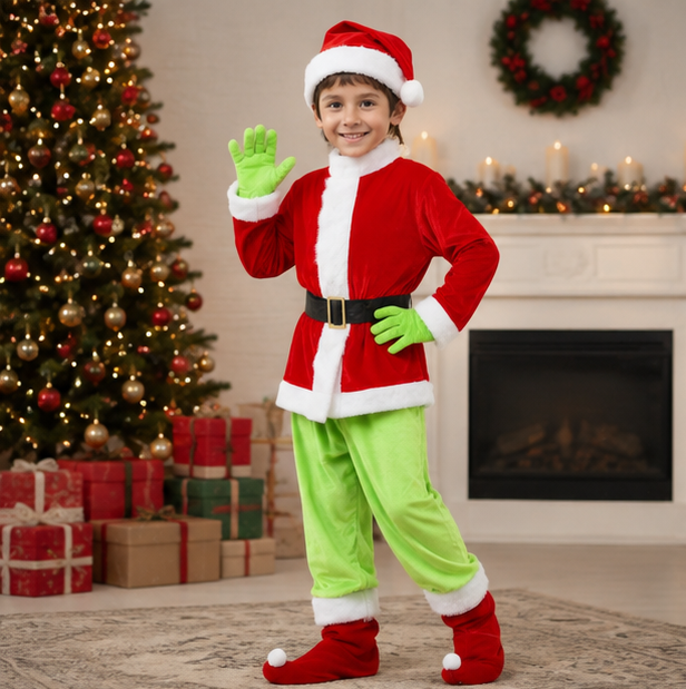 Green Monster Christmas Costume – Kids Holiday Outfit with Pants for Festive Cosplay
