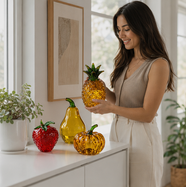 Hand Blown Glass Pineapple Figurine – Crystal Fruit Collectible Ornament for Kitchen, Office, Living Room and Elegant Home Decor