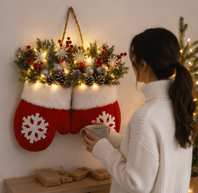 LED Christmas Glove Wreath – Lighted Holiday Door Garland Decoration for Walls, Entryways and Festive Home Displays