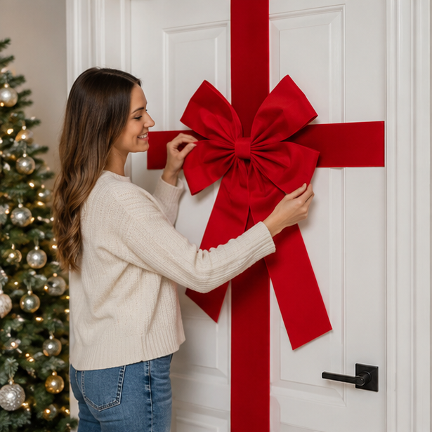 Large Christmas Door Bow – Premium Red Organza Hanging Decoration for Front Doors, Wreaths, Weddings, Holiday Parties and Festive Home Decor