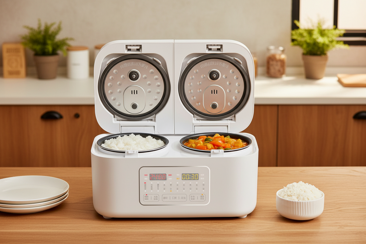 Dual Control 4L Rice Cooker – Double Pot Multifunction Electric Cooker for Simultaneous Cooking and Convenient Family Meals.