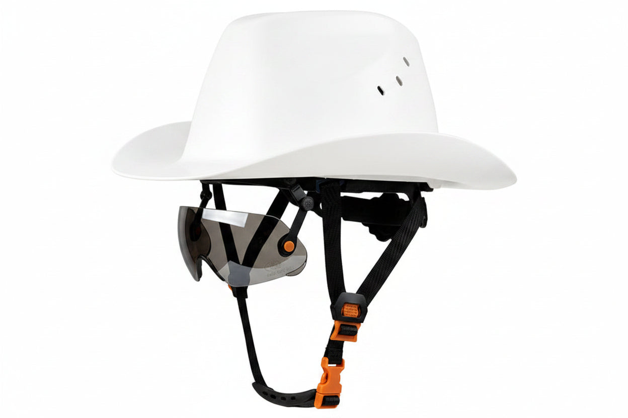 Cowboy Safety Hard Hat – HDPE Wide Full-Brim Construction Helmet with Built-In Sunglasses, Ventilation and Anti-Collision Work Protection