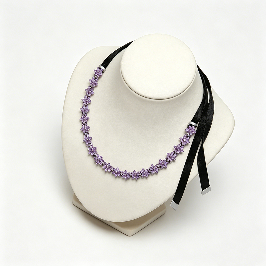 Silver Purple Bee Necklace – Sparkling Plant Specimen Pendant with Black Rope Wrap for Nature-Inspired Jewelry, Gifts and Elegant Everyday Styling