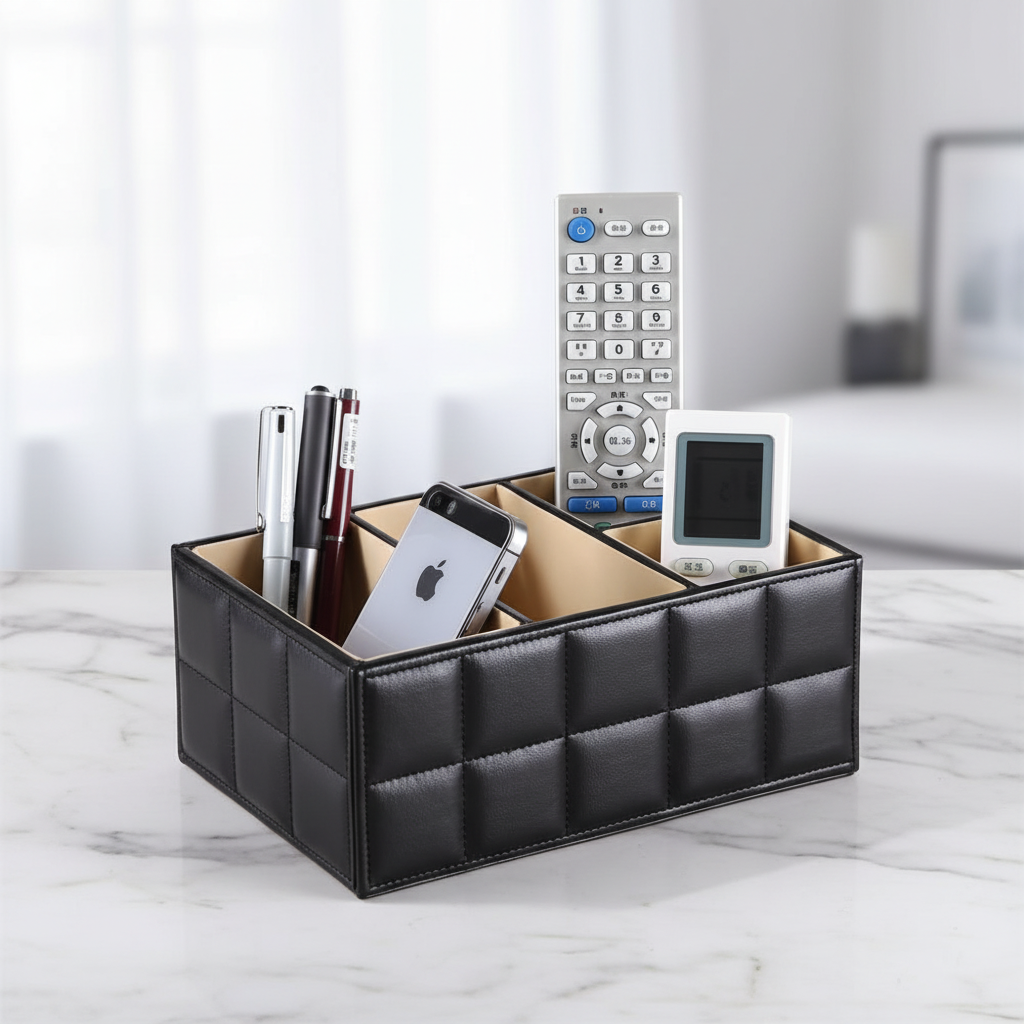 Luxury PU Leather Storage Box – Elegant Cosmetic Organizer with Makeup, Remote Control and Phone Holder for Home and Office