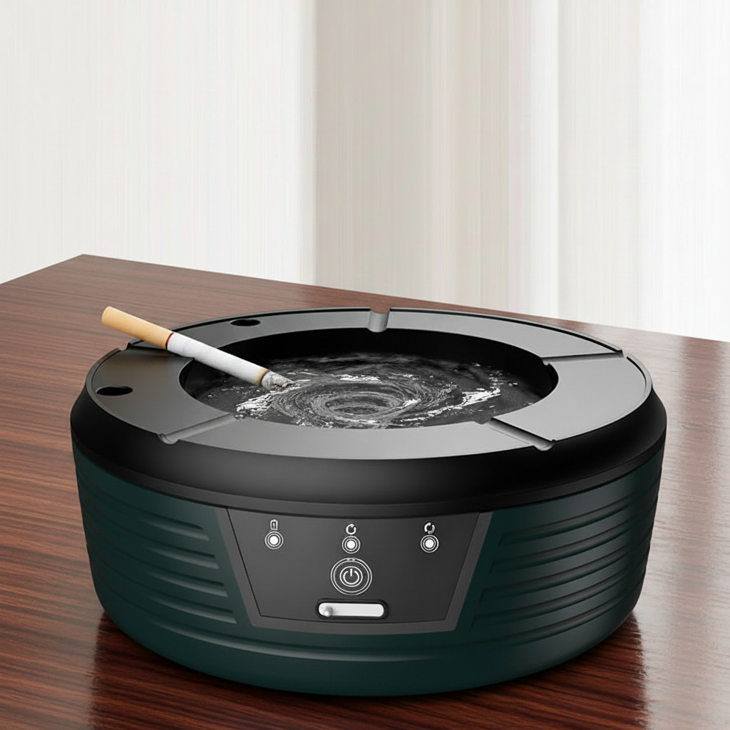 Smart Air Purifying Ashtray – Windproof Automatic Smoke Ashtray with Filter and Auto-Cleaning Function for Home, Office and Indoor Use
