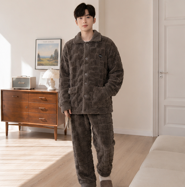 Men's Flannel Pajama Set - Thick Coral Velvet Sleepwear for Warm Comfortable Home Lounging
