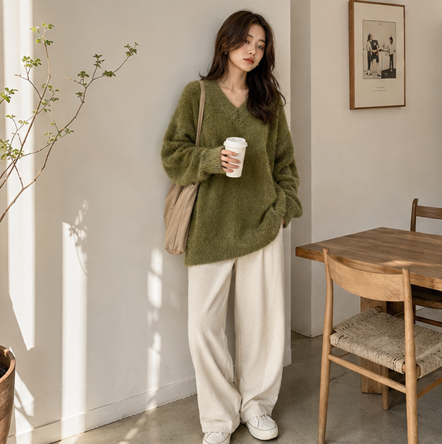 Oversized Knit Pullover Sweater – Women’s Loose Round Neck Long Sleeve Top for Cozy Autumn Winter Layering