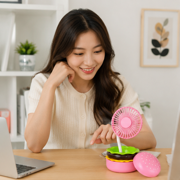 Portagble Burger USB Desktop Fan - Cartoon Cooling Fan with Beauty Mirror, Rechargeable Handheld Design and Summer Gift Appeal