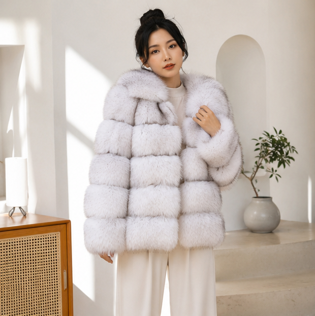 Real Fox Fur Winter Coat – Luxury Women’s Brown Fur Jacket with Premium Leather Design for Elegant Cold Weather Fashion