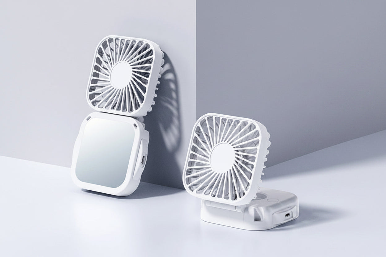 Handheld Portable Fan with Mirror – Compact Rechargeable Personal Cooling Device for Makeup, Travel, Summer Outdoor Use and Everyday Convenience