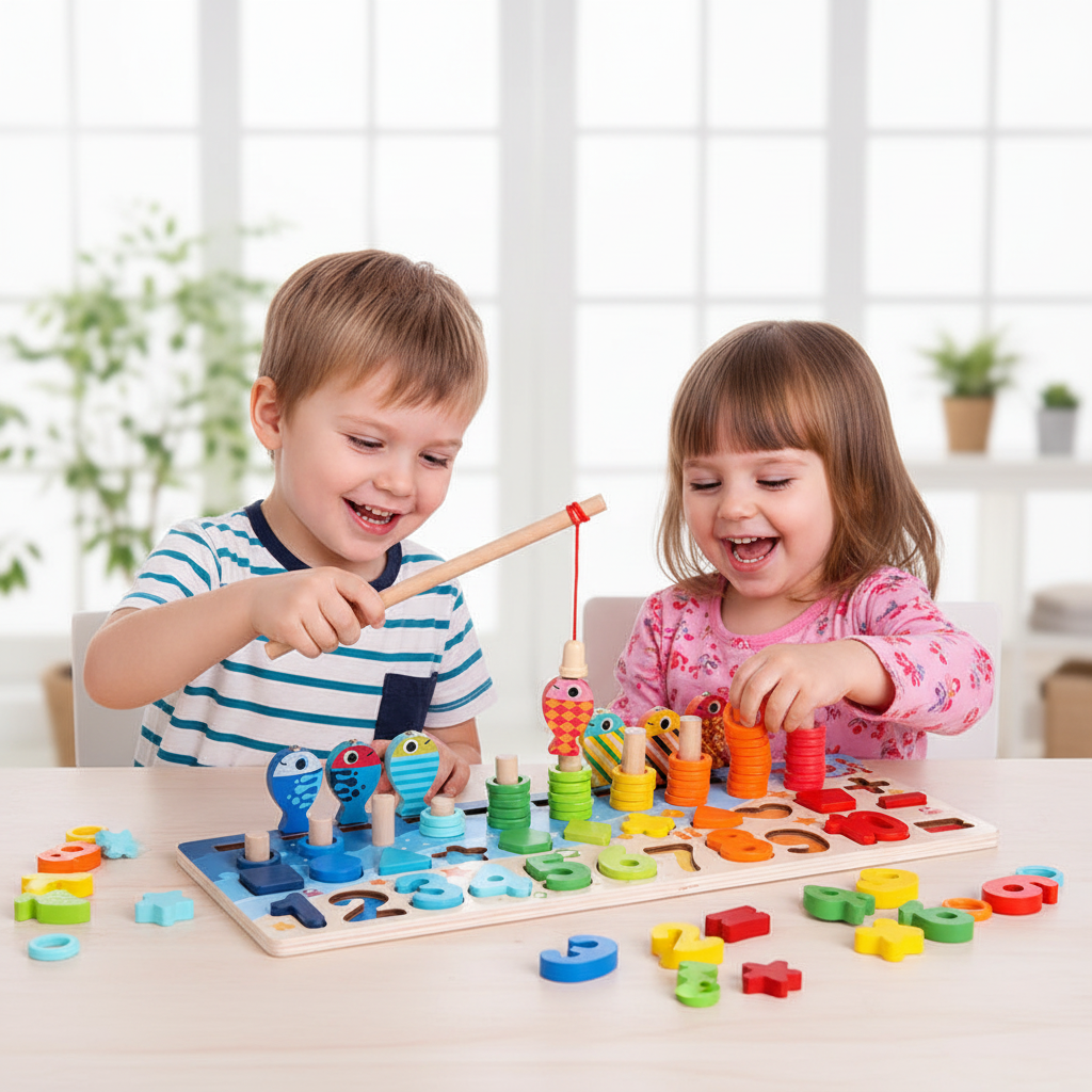 Montessori Magnetic Fishing Puzzle – Wooden Preschool Learning Toy for Number, Shape and Arithmetic Matching, Fine Motor Skills Educational Game