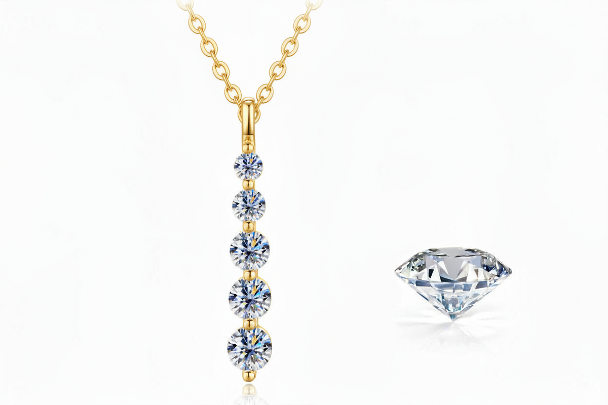 Five-Stone Moissanite Drop Necklace – Brilliant 14K Gold-Filled Long Pendant for Women, Wedding Jewelry, Romantic Gifts and Sophisticated Evening Styling