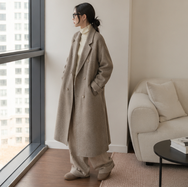Women's Double Breasted Wool Coat – Long Double Sided Winter Overcoat for Elegant Warmth and Timeless Fashion
