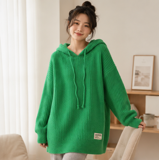 Women's Hooded Knitted Sweater - Thick Longline Winter Pullover for Casual Warm Fashion Styling
