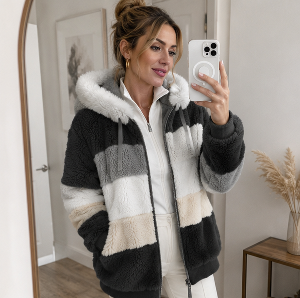 Womens Plush Hooded Winter Coat-Warm Patchwork Zip Jacket with Pockets for Casual Fashion and Everyday Comfort