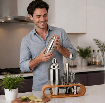 Cocktail Shaker Display Stand – Elegant Wooden Rack Organizer for Bar Tools, Mixology Accessories and Home Party Entertaining
