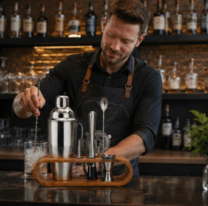 Cocktail Shaker Display Stand – Elegant Wooden Rack Organizer for Bar Tools, Mixology Accessories and Home Party Entertaining