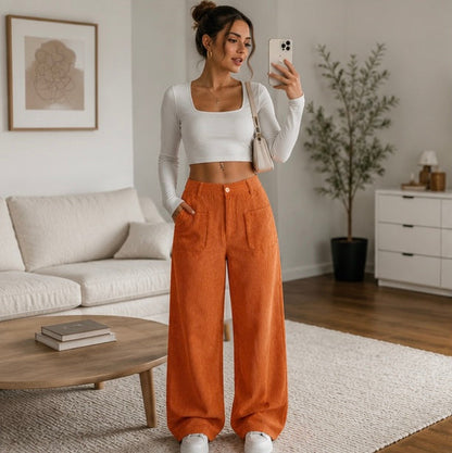 Women's High Waist Corduroy Pants - Wide Leg Relaxed Fit Trousers with Pockets for Fall Winter Casual Fashion