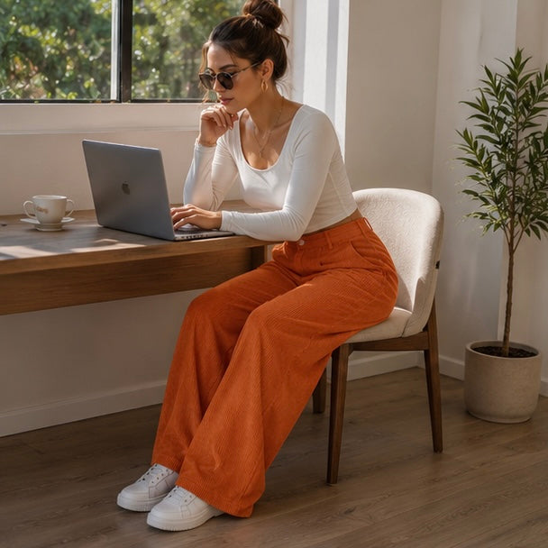 Women's High Waist Corduroy Pants - Wide Leg Relaxed Fit Trousers with Pockets for Fall Winter Casual Fashion
