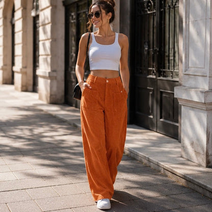 Women's High Waist Corduroy Pants - Wide Leg Relaxed Fit Trousers with Pockets for Fall Winter Casual Fashion