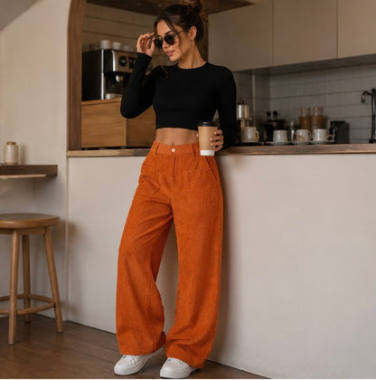Women's High Waist Corduroy Pants - Wide Leg Relaxed Fit Trousers with Pockets for Fall Winter Casual Fashion