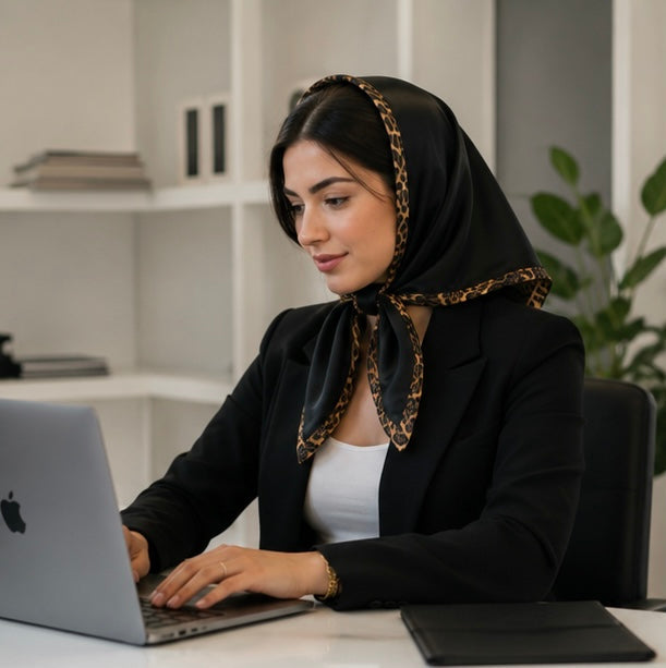 Double Sided Leopard Print Head Scarf – PU Leather Triangle Hijab for Women with Elegant Fashionable Everyday Styling