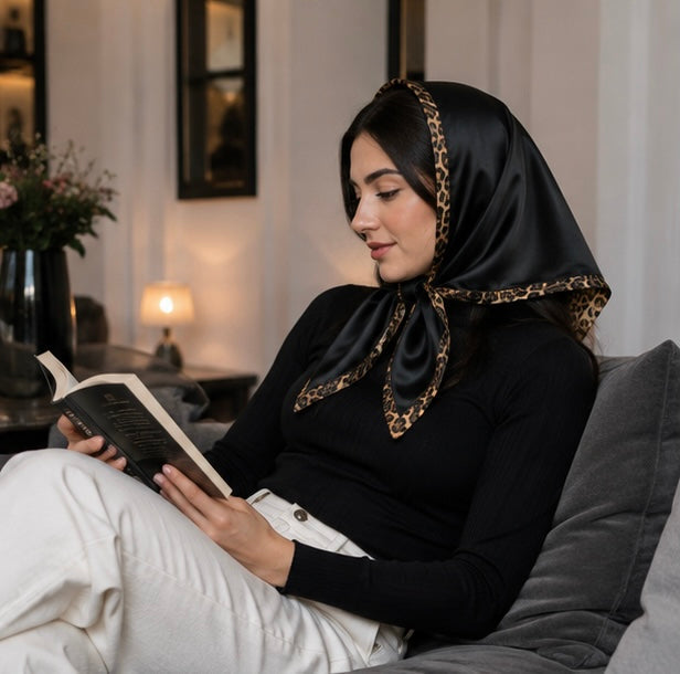 Double Sided Leopard Print Head Scarf – PU Leather Triangle Hijab for Women with Elegant Fashionable Everyday Styling