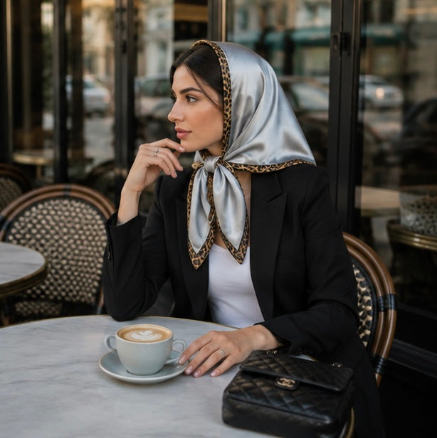 Double Sided Leopard Print Head Scarf – PU Leather Triangle Hijab for Women with Elegant Fashionable Everyday Styling