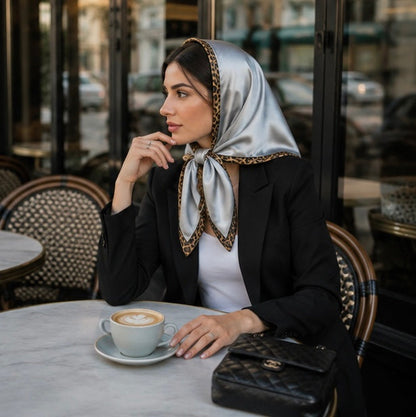 Double Sided Leopard Print Head Scarf – PU Leather Triangle Hijab for Women with Elegant Fashionable Everyday Styling