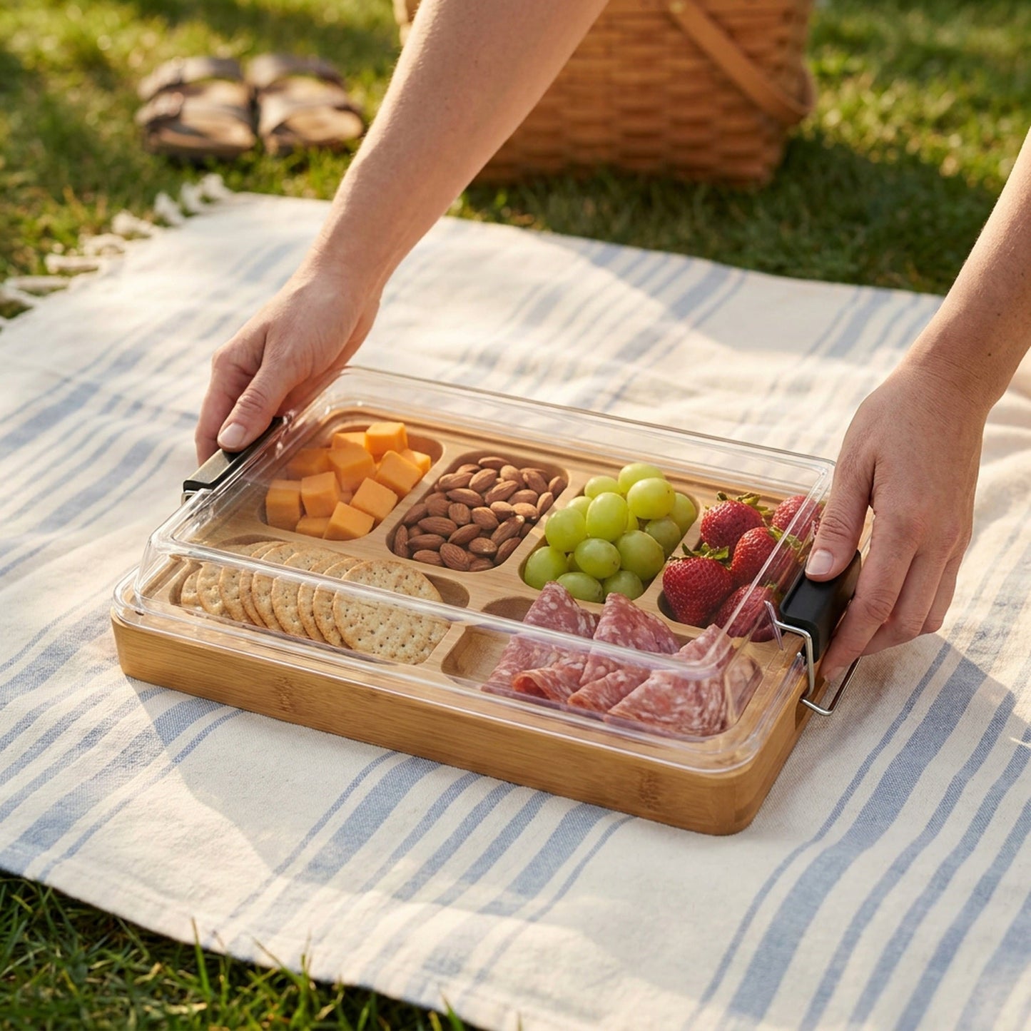 Portable Charcuterie Board – Bamboo Cheese Serving Tray with Clear Acrylic Lid for Picnics, Camping and Elegant Entertaining