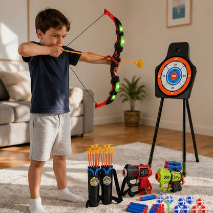 Archery Toy Set - Kids Bow and Arrow Game with Target Board, Night Lights and Indoor Outdoor Family Fun