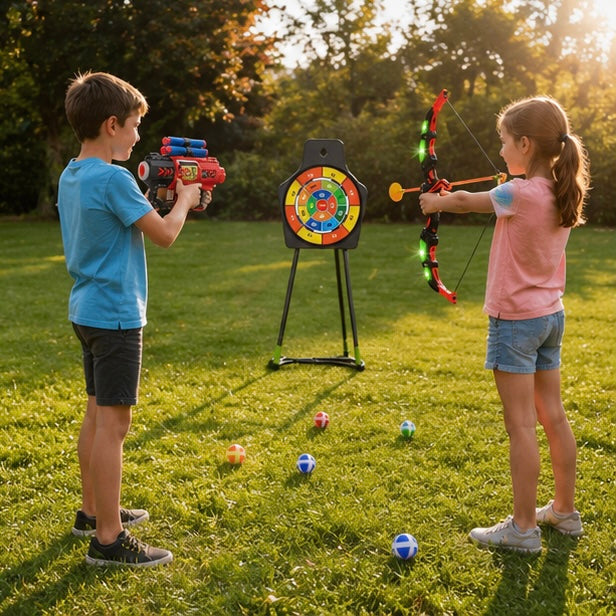 Archery Toy Set - Kids Bow and Arrow Game with Target Board, Night Lights and Indoor Outdoor Family Fun