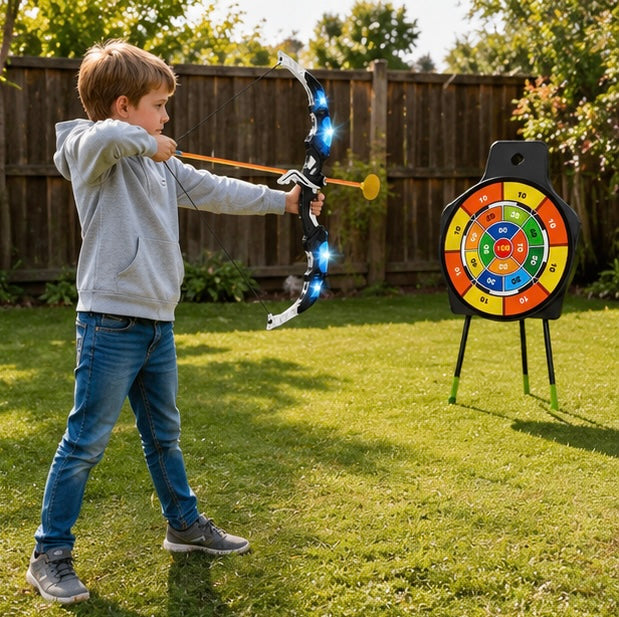 Archery Toy Set - Kids Bow and Arrow Game with Target Board, Night Lights and Indoor Outdoor Family Fun