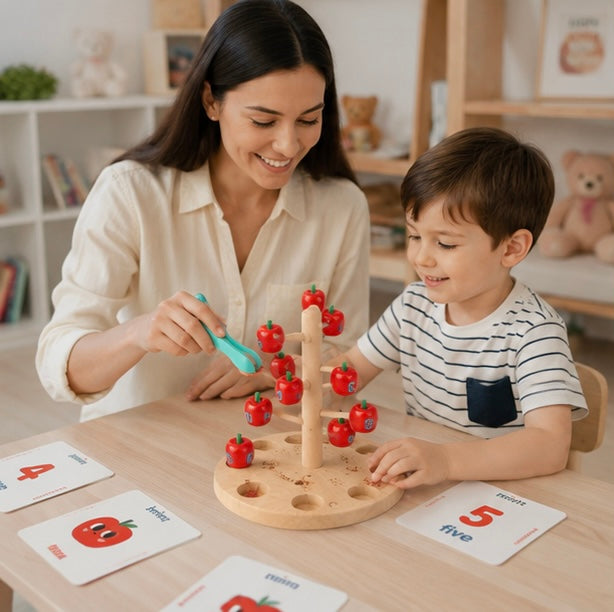 Montessori Apple Tree Counting Toy – Wooden Math Learning Game for Number Recognition and Early Education