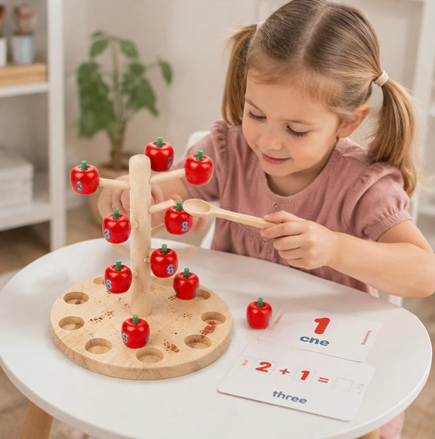 Montessori Apple Tree Counting Toy – Wooden Math Learning Game for Number Recognition and Early Education