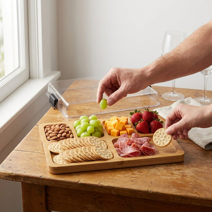 Portable Charcuterie Board – Bamboo Cheese Serving Tray with Clear Acrylic Lid for Picnics, Camping and Elegant Entertaining