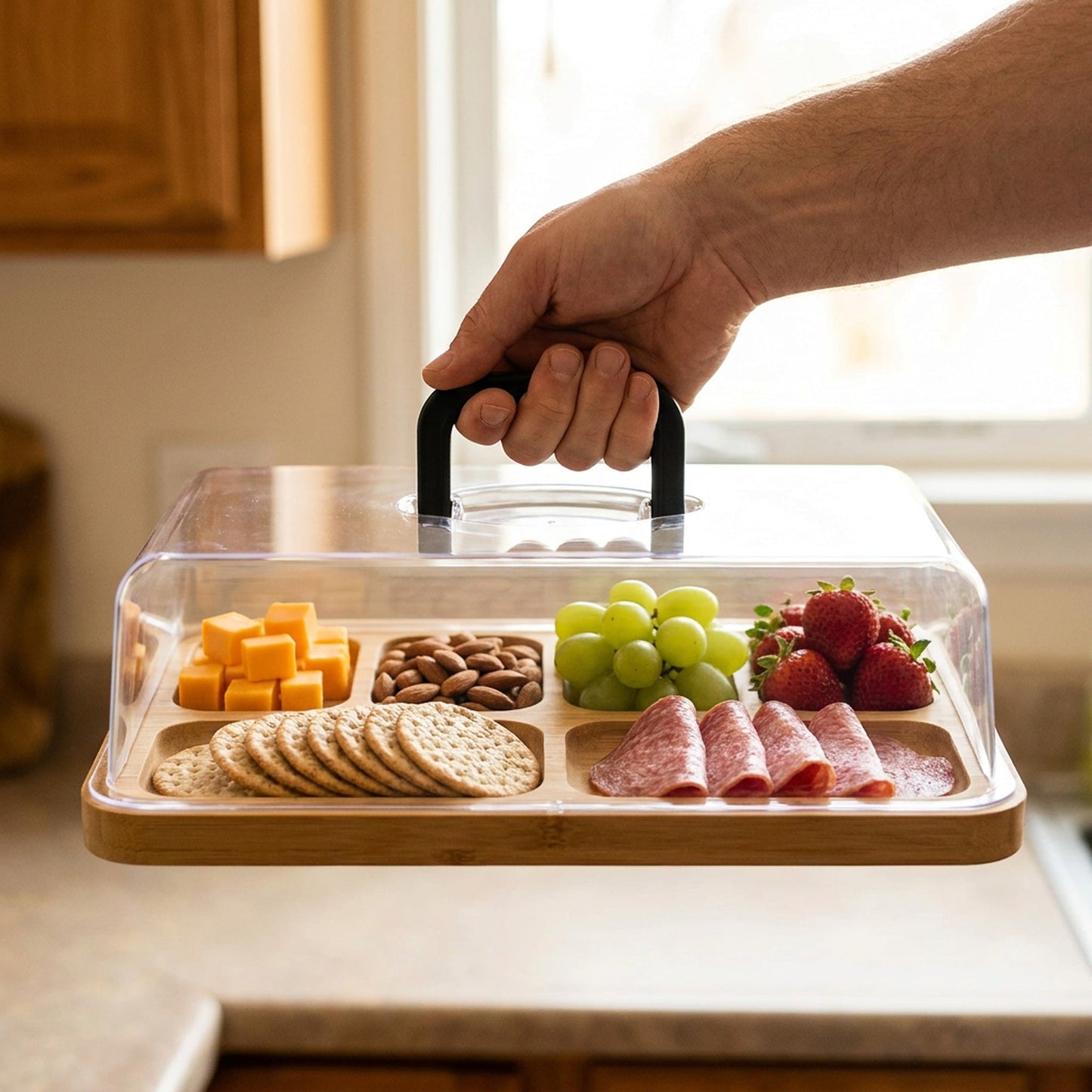 Portable Charcuterie Board – Bamboo Cheese Serving Tray with Clear Acrylic Lid for Picnics, Camping and Elegant Entertaining